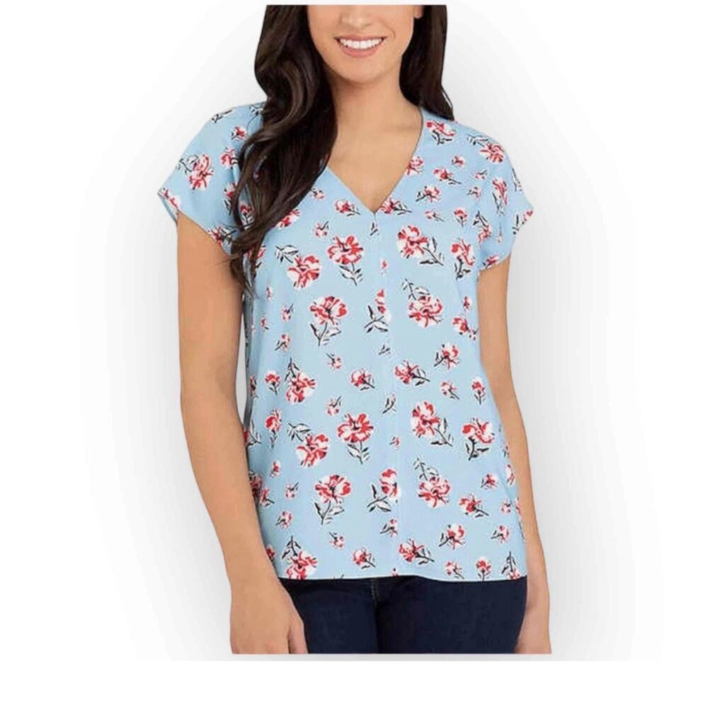 NWT Hilary Radley Ladies V-Neck Blouse, Blue Floral Combo, Size Large - 570L